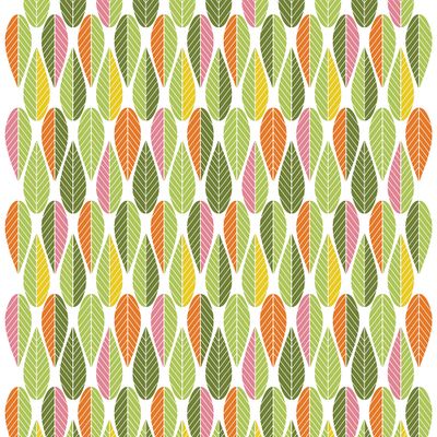 Populära Blader i färgerna grönt, gult, orange och rosa på offwhite botten. Detta grafiska mönster är inspirerat från 50-60 tal.