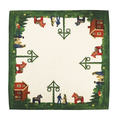 Kvadratisk bordsduk med klassiskt midsommarmotiv med midsommarstång, kransar och dalahästar