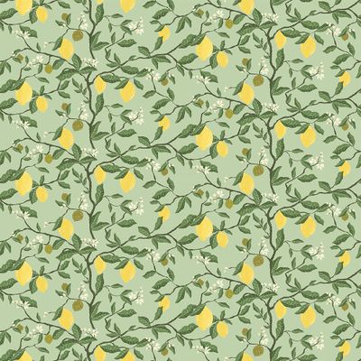 Citronträd grön tyg visat över hela tygets bredd med citroner, blad och blommande grenar.