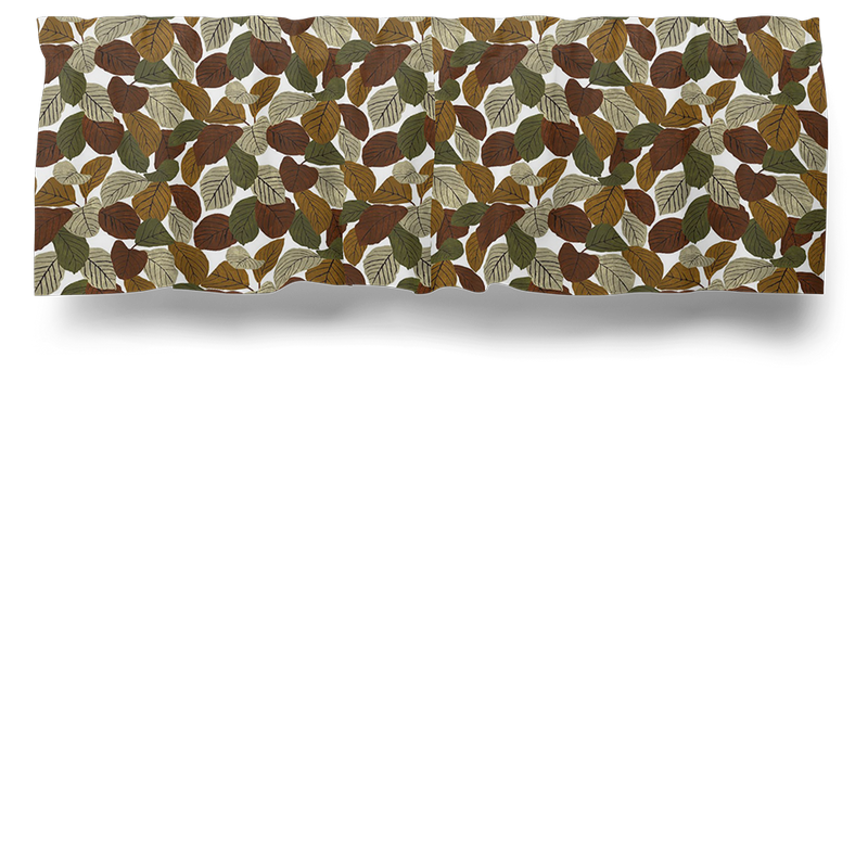 Gardinkappa på metervara med blad i grönt, brunt och beige