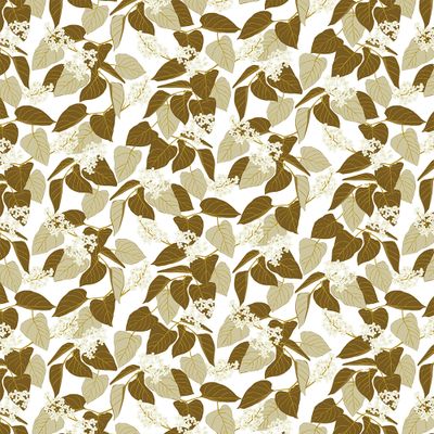 Vid fikabordet grön tyg visat över hela bredden med blad- och blommönster i gröna toner