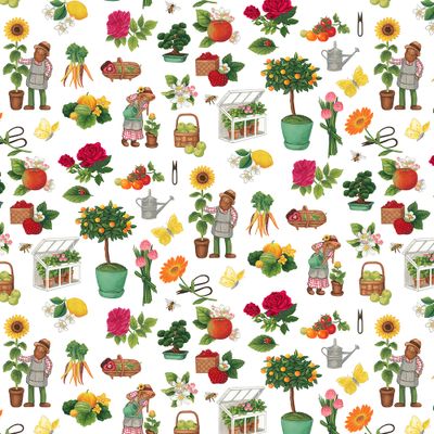 Mönstrat tyg med odlare, blommor, frukt, grönsaker och trädgårdsdetaljer på ljus botten