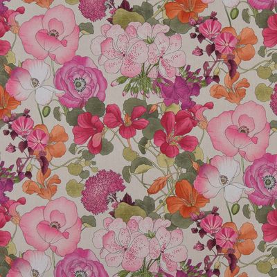 Närbild av Capucine rosa gardintyg med intensivt rosa och orange blommotiv