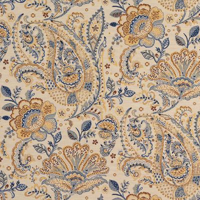 Noori gobeläng med detaljrikt paisleymönster i blått, beige och ockra på ljus botten