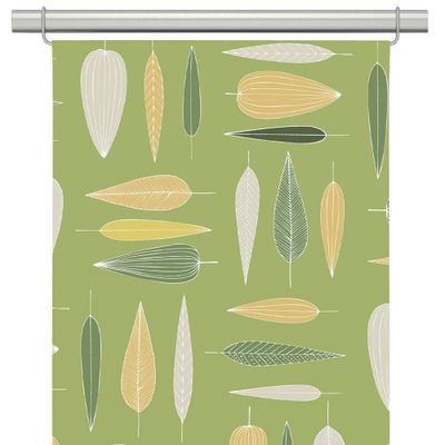 Panelgardin med gröna, beige och gula blad på grön botten