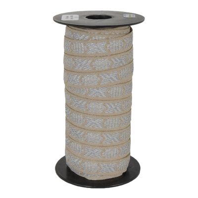 Vävt band med beige botten och grått reflex mönster