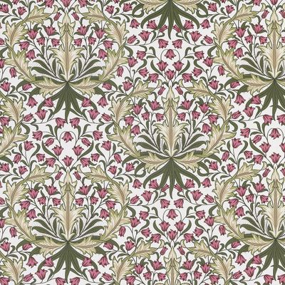Närbild på Willow Bloom-tyg med klassiskt blommönster i rosa och grönt mot offwhite bakgrund