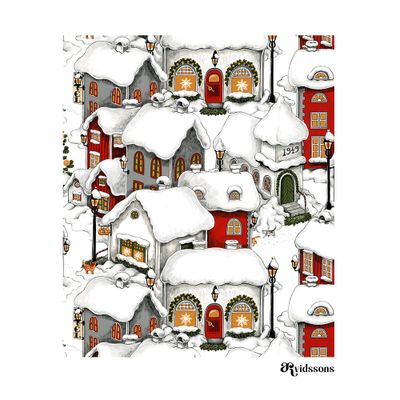 Lyckeby röd disktrasa 17x20cm med snötäckta röda och grå hus, lysande fönster och stämningsfullt vintermotiv.