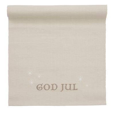 Christmas beige bordslöpare 35x120cm med broderad God jul-text och dekorativa stjärnor.
