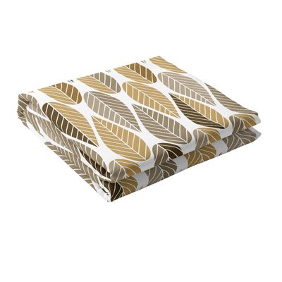 Hopvikt bordsduk med grafiskt bladmönster i guld och beige på vit botten.