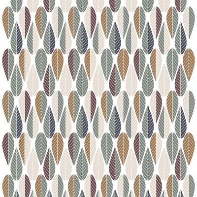Blader turkos gardintyg från Arvidssons Textil med retro bladmönster i turkos, grågrönt, beige, brunt och vinrött.