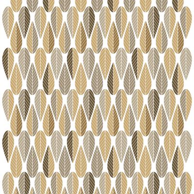 Blader guld gardintyg från Arvidssons Textil med grafiskt retro bladmönster i gula, ockra, beige och bruna toner.