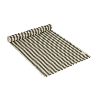 Svea grön/beige bordslöpare 35x120 cm med smala ränder i dovt grönt och beige samt en dekorativ struktur i ripsväv.