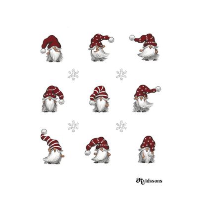 Julian & co röd disktrasa 17x20cm med skäggiga tomtar i röda luvor och snöflingor på ljus bakgrund