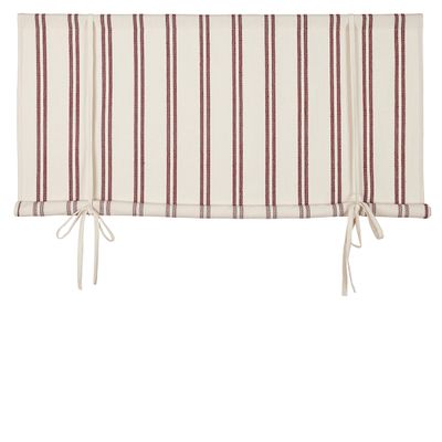 Hedvig offwhite hissgardin i vävt offwhite tyg med röda broderade ränder och dekorativa knytband.