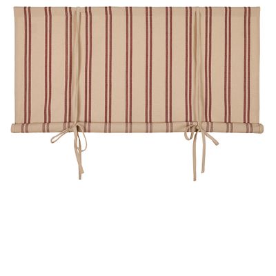 Hedvig beige-röd hissgardin med broderade röda ränder och dekorativa knytband.