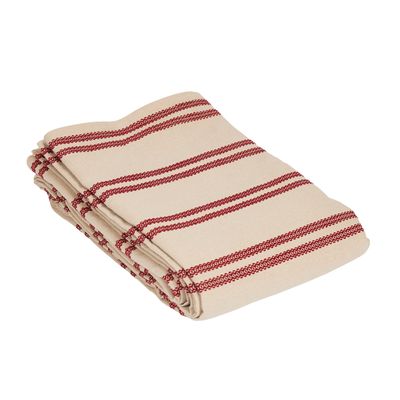 Vikta Hedvig beige bordsduk med röda broderade ränder på beige botten.