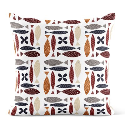 Fina fisken rost kuddfodral med retroinspirerat fiskmönster i rost, beige och grått