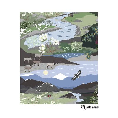 Fjällvandring grön-blå disktrasa 17x20cm med motiv av svenska fjäll, renar, örn, sjöar och fjällväxter i gröna, blå och grå toner