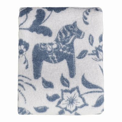 Vikt ullpläd i blått med dalahästar och blommor