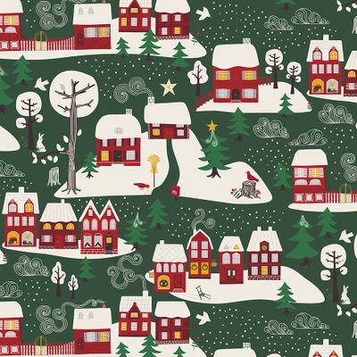 Vintertid grön gardintyg från Arvidssons Textil med röda hus, snö, granar och träd på mörkgrön botten.