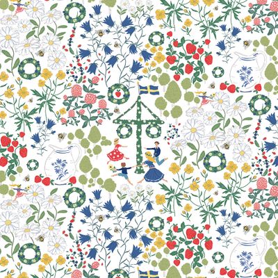 Närbild av mönstret på Midsommardans vit tygkasse - motiv av midsommarstång, dansande barn, svenska flaggor och sommarblommor