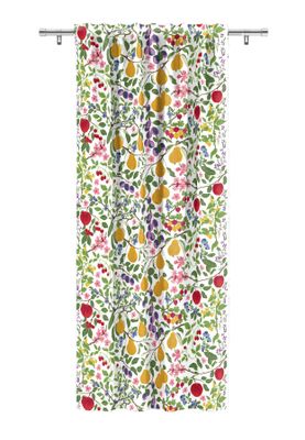 Williamspäron multi gardin upphängd på gardinstång med färgstarkt botaniskt mönster av frukter, bär, blommor och blad.