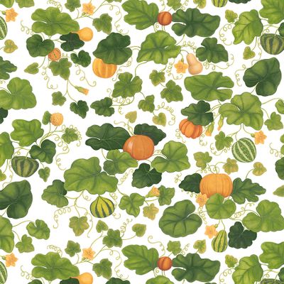 Pumpor gardintyg från Arvidssons Textil med orange och gröna pumpor, stora gröna blad, rankor och små gula blommor.