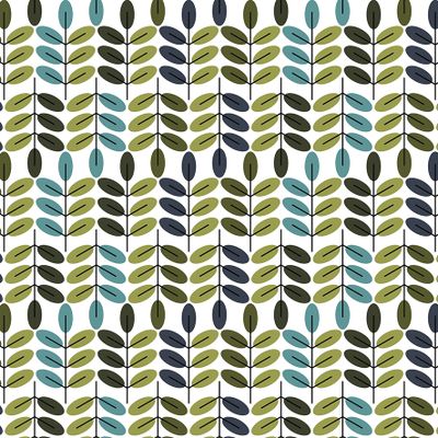 Närbild på Bladiblad grön gardintyg från Arvidssons Textil med grafiskt bladmönster i grönt, turkos och mörkblått.