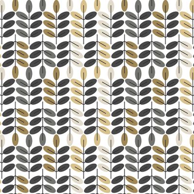 Närbild på Bladiblad guld gardintyg från Arvidssons Textil med grafiskt bladmönster i gult, ockra, beige och grått.