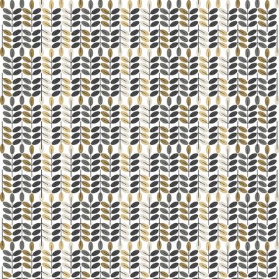 Bladiblad guld gardintyg med hela mönstrets bredd och grafiska blad i gula, beige och grå nyanser på ljus botten.