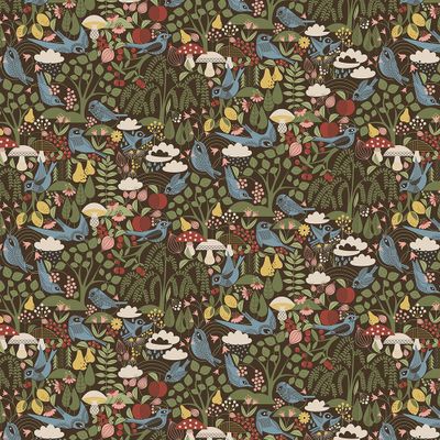 Fågel blå-brun gardintyg från Arvidssons Textil med blå fåglar och färgrikt naturmönster, visat över hela tygets 150 cm bredd.