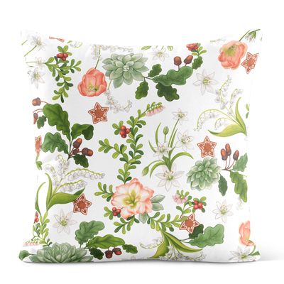 Liljebacken grön kuddfodral 47x47 cm med botaniskt mönster av gröna blad, blommor, bär och ekollon på ljus botten.