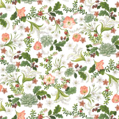 Närbild på Liljebacken gardintyg från Arvidssons Textil med blommor, gröna blad, bär, ekollon och pepparkaksstjärnor.