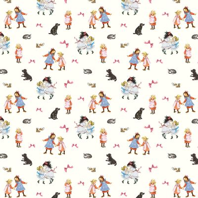 Närbild av Madicken beige gardintyg med Ilon Wiklands illustrationer av Astrid Lindgrens Madicken i beige toner.