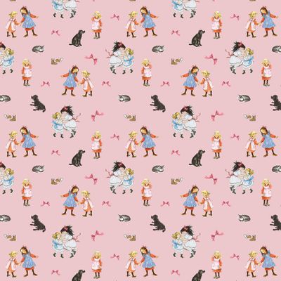 Närbild av Madicken rosa gardintyg med Ilon Wiklands illustrationer av Astrid Lindgrens Madicken i rosa toner.