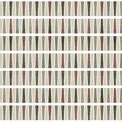 Närbild på Raster brun gardintyg från Arvidssons Textil med geometriskt mönster i beige, grågrönt, mörkgrönt och brunt.