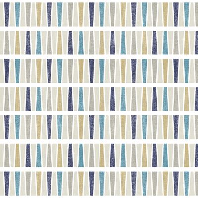 Närbild på Raster blå gardintyg från Arvidssons Textil med geometriskt mönster i blått, turkos, beige och grått.