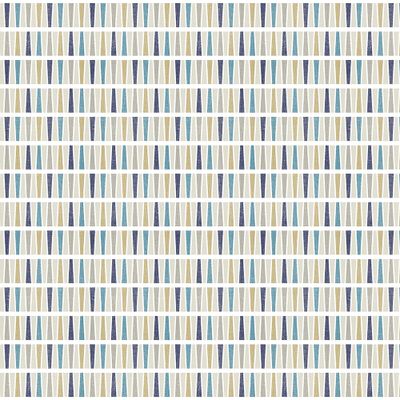 Raster blå gardintyg från Arvidssons Textil med grafiskt geometriskt mönster, visat över hela tygets 150 cm bredd.
