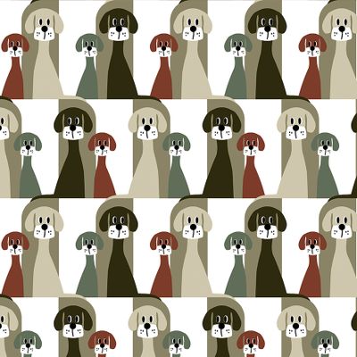 Närbild på Busters gäng brun-beige gardintyg från Arvidssons Textil med grafiskt hundmönster i beige, brunt, grönt och rostrött.