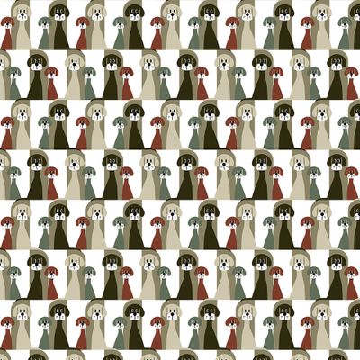 Busters gäng brun-beige gardintyg från Arvidssons Textil med hundar i jordnära färger, visat över hela tygets 150 cm bredd.