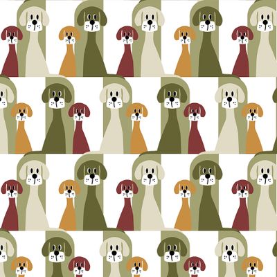 Närbild på Busters gäng grön gardintyg från Arvidssons Textil med grafiskt hundmönster i grönt, beige, rostrött och ockragult.
