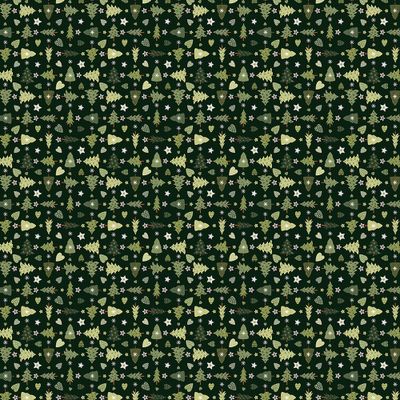 Granåsen mörkgrön gardintyg från Arvidssons Textil med gröna granar och små julmotiv, visat över hela tygets 150 cm bredd.