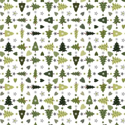 Närbild på Granåsen vit gardintyg från Arvidssons Textil med gröna granar, hjärtan och stjärnor på vit botten.
