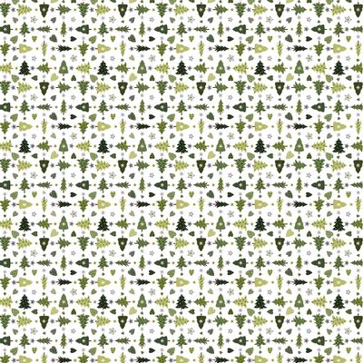 Granåsen vit gardintyg från Arvidssons Textil med små gröna granar och julmotiv, visat över hela tygets 150 cm bredd.