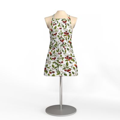 Körsbärsdalen naturvit förkläde med röda körsbär, gröna blad och blommor, reglerbar modell med ficka