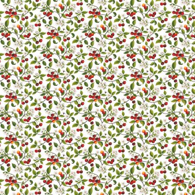 Körsbärsdalen gardintyg från Arvidssons Textil med körsbär, blommor och gröna blad, visat över hela tygets 150 cm bredd.