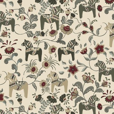 Detaljrikt mönster med dalahästar, blommor och kurbits i gröna, röda och beige toner - Leksand Culla grön tygkasse.