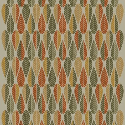 Blader culla gul-grön gardintyg från Arvidssons Textil med retro bladmönster i grönt, gult och orange på linnefärgad botten.