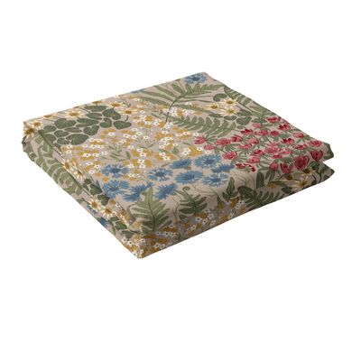 Hopvikt bordsduk med detaljrikt blommönster i blå, gröna, gula och röda toner på beige botten.